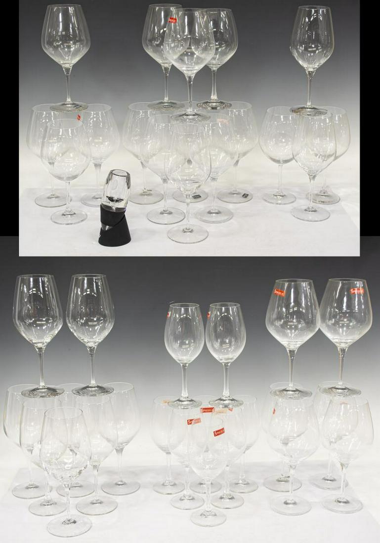 (40) SPIEGELAU GLASS STEMWARE & VINTURI AERATOR: (lot of 40) German Spiegelau glass stemware and aerator, all accompanied by original boxes, comprising: (16) Burgundy wine stems, approx 9"h, 2.75"d; (11) Bordeaux wine stems, approx 9.25"h, 2.75"d; (
