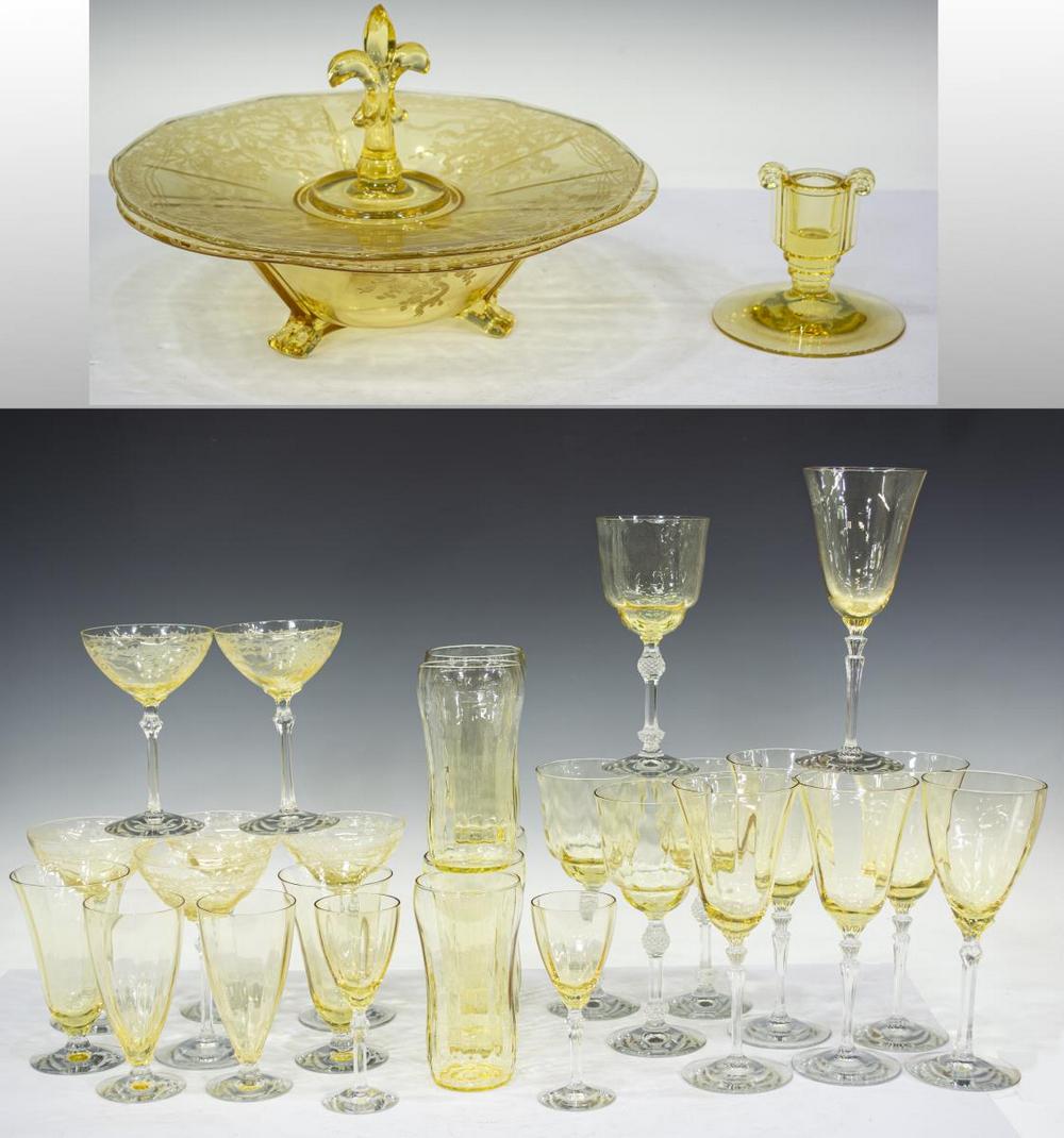(30) ELEGANT FOSTORIA TOPAZ YELLOW GLASS TABLEWARE: (lot of 30) Elegant glass stemware and tableware, including: (8) Fostoria topaz yellow "June," comprised of (six) liquor cocktail, approx 6"h, 3.75"diam, (one) center handle tray, approx 4.75"h, 11.25