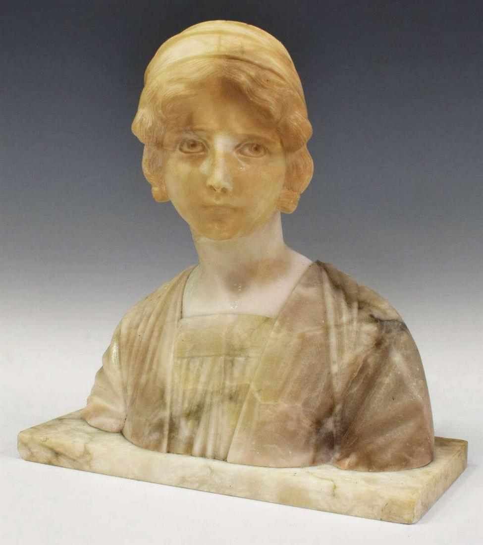 CONTINENTAL CARVED ALABASTER BUST OF A WOMAN: Continental carved alabaster bust of a woman, 19th c., adorned with headscarf and flowing blouse, on rectangular base, approx 12"h, 11"w, 5"d, 19lbs Start Price: $150.00