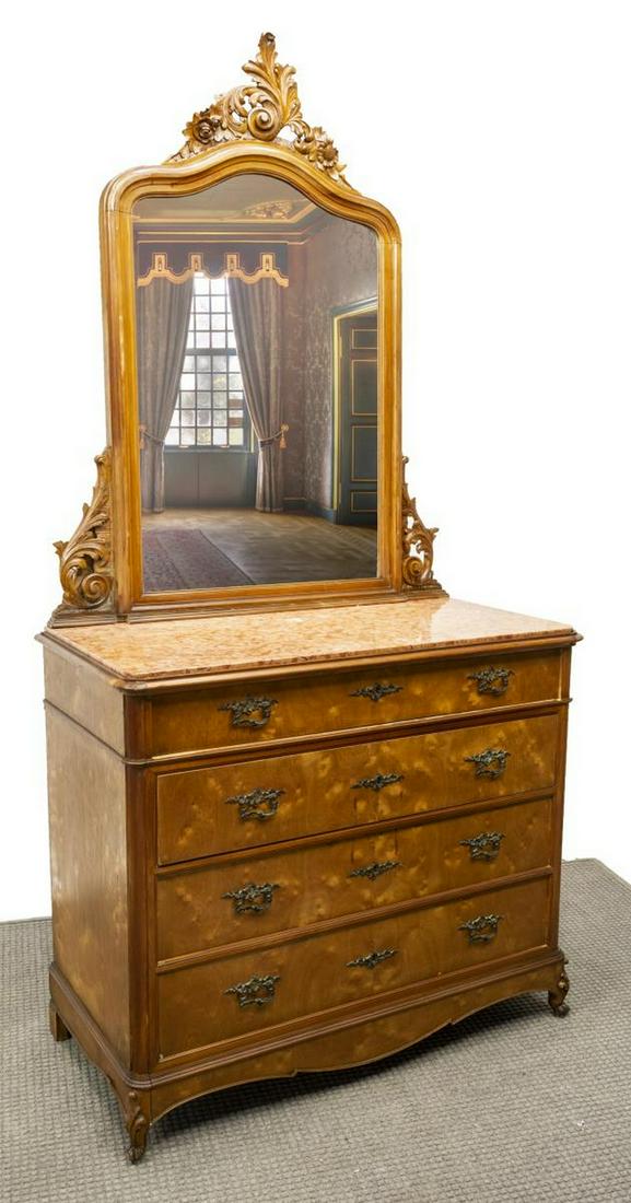 ITALIAN LOUIS XV STYLE MIRRORED MARBLE-TOP COMMODE: Italian Louis XV style mirrored commode, early 20th c., a carved floral and foliate crest surmounting the beveled mirror plate, flanked by scrolled acanthus, inset marble top, above four drawers, risi