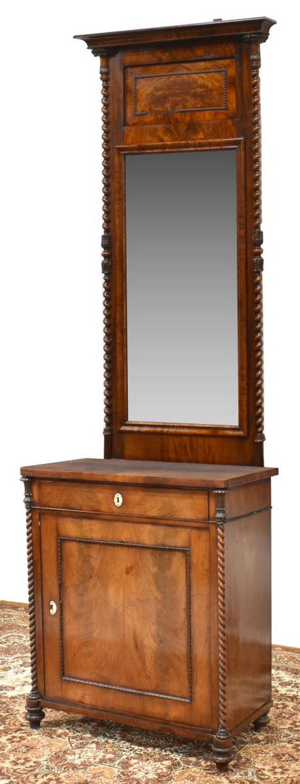 CONTINENTAL MAHOGANY CONSOLE CABINET & MIRROR: Continental mahogany console cabinet, 19th c., molded cornice, engaged spiral columns, flat mirror plate, over cabinet fitted with a single drawer over cabinet door, rising on turned feet, small area 