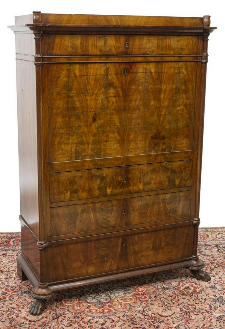 DANISH BIEDERMEIER FALL-FRONT SECRETARY: Danish Biedermeier secretary, mid 19th c., having single frieze drawer, fall-front desk, interior gallery housing seven drawers, foliate inlay accents, over three lower drawers, on large paw feet to f