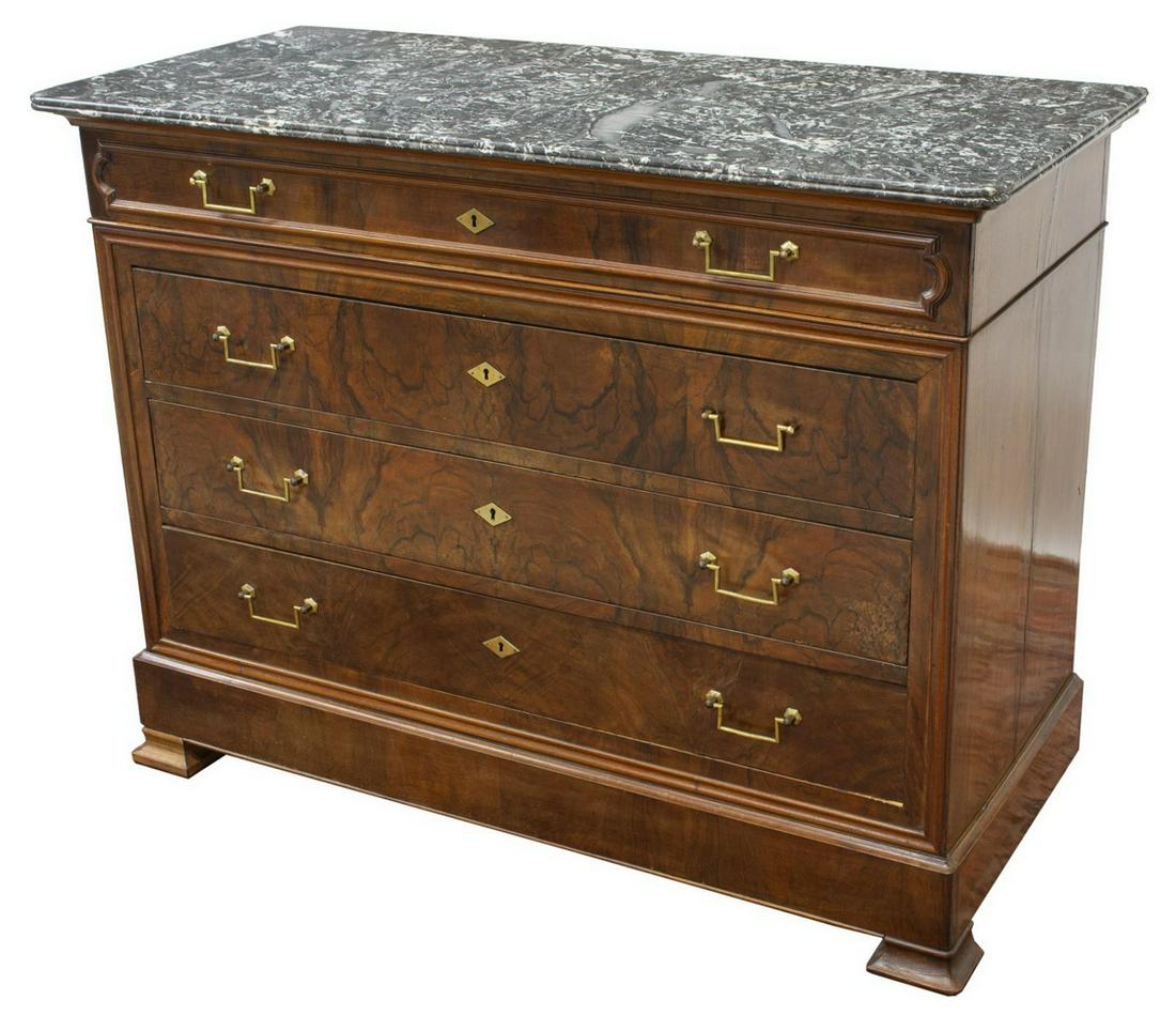 LOUIS PHILIPPE PERIOD MARBLE-TOP WALNUT COMMODE: French Louis Philippe period walnut commode, mid 19th c., having rectangular marble top, case fitted with one frieze drawer, three lower drawers, diamond-form escutcheons, rising on bracket feet, vari