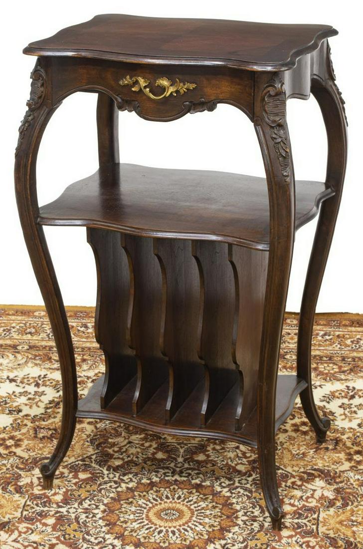 FRENCH LOUIS XV STYLE MAHOGANY MUSIC STAND: French Louis XV style mahogany music stand, late 19th c., shaped top, over single frieze drawer, lower medial shelf, four vertical slots for sheet music, rising on cabriole legs, approx 35.25"h, 21"w,