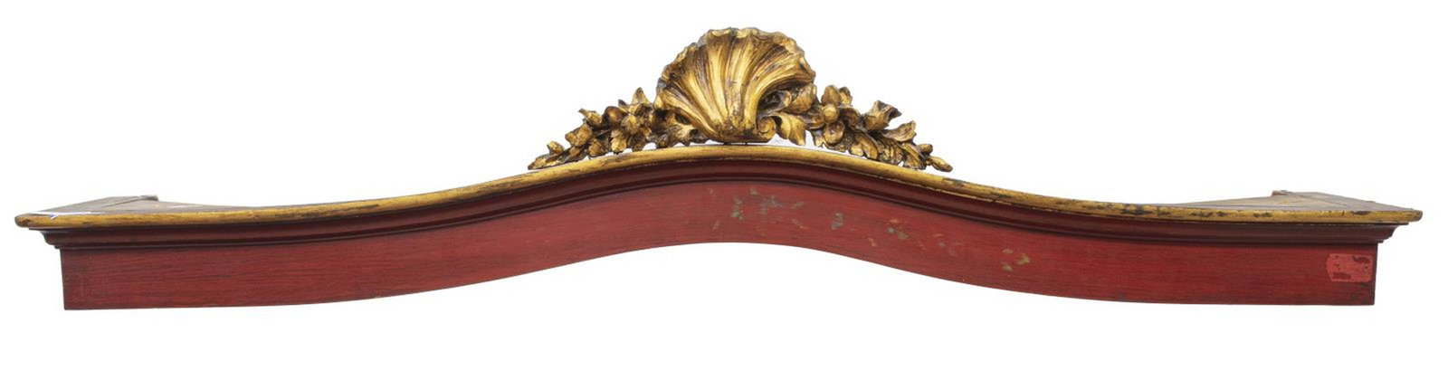 LOUIS XV STYLE PARCEL GILT & RED PAINTED VALANCE: Louis XV style parcel gilt and red painted valance/ pelmet, with carved rocaille and floral crest, approx 13"h, 66.25"l, 15"d Start Price: $100.00