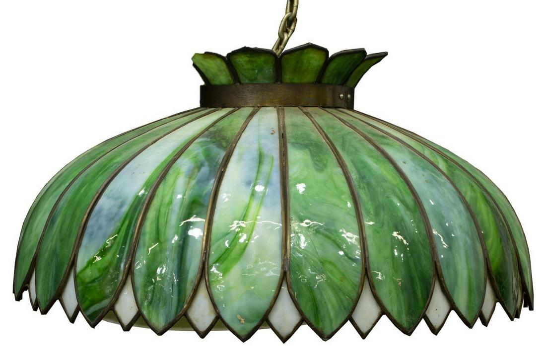 AMERICAN SLAG GLASS 4-LIGHT HANGING LAMP: American slag glass four-light hanging lamp, having green domed shade in petal form, white accent panels, in metal brace, approx 11"h, 24.5"diam