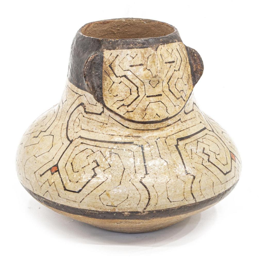UPPER AMAZON PERU SHIPIBO-CONIBO EFFEGY VESSEL: Shipibo-Conibo figural earthenware pottery effigy vessel, Upper Amazon, Peru, slip painted with color accents, approx 6"h, 7.5"w, 1.5lbs **Provenance: From the estate of Dr. James R. Lucie, a well-kno