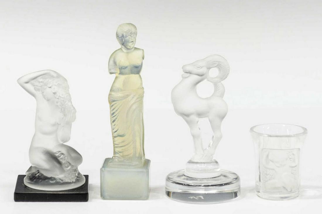 (4) FRENCH LALIQUE & SABINO ART GLASS FIGURES: (lot of 4) French art glass, including: (1) Lalique "Bastia" paperweight, frosted ram on a circular base, engraved signature underfoot, approx 3.75"h, 2"diam, (1) Lalique "Floreal" figure, a kneeling 