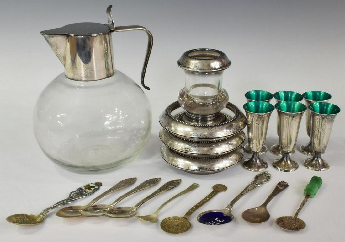 (20) STERLING TABLEWARE & FLATWARE, A. MICHELSEN: (lot of 20) Sterling silver tableware and flatware, including: (6) Gorham cordial cups, with green enamel, 2 7/8"h, 1 3/8"diam, (1) glass ewer, with sterling silver collar and handle, hallmarked Anton