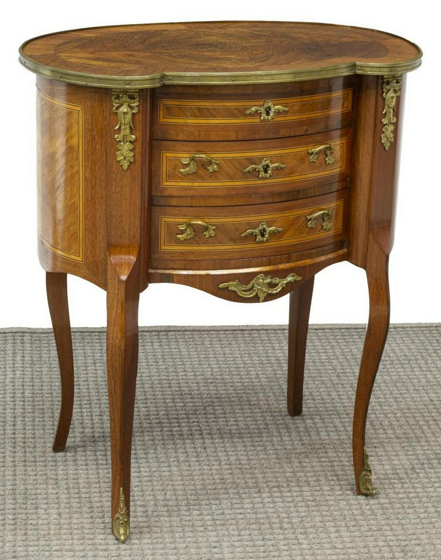 FRENCH LOUIS XV STYLE METAL-MOUNTED DRESSING TABLE: French Louis XV style mahogany dressing table, late 19th c., shaped hinged top opening to divided interior, beveled mirror plate, over two drawers, rising on transitional cabriole legs, ending in fron