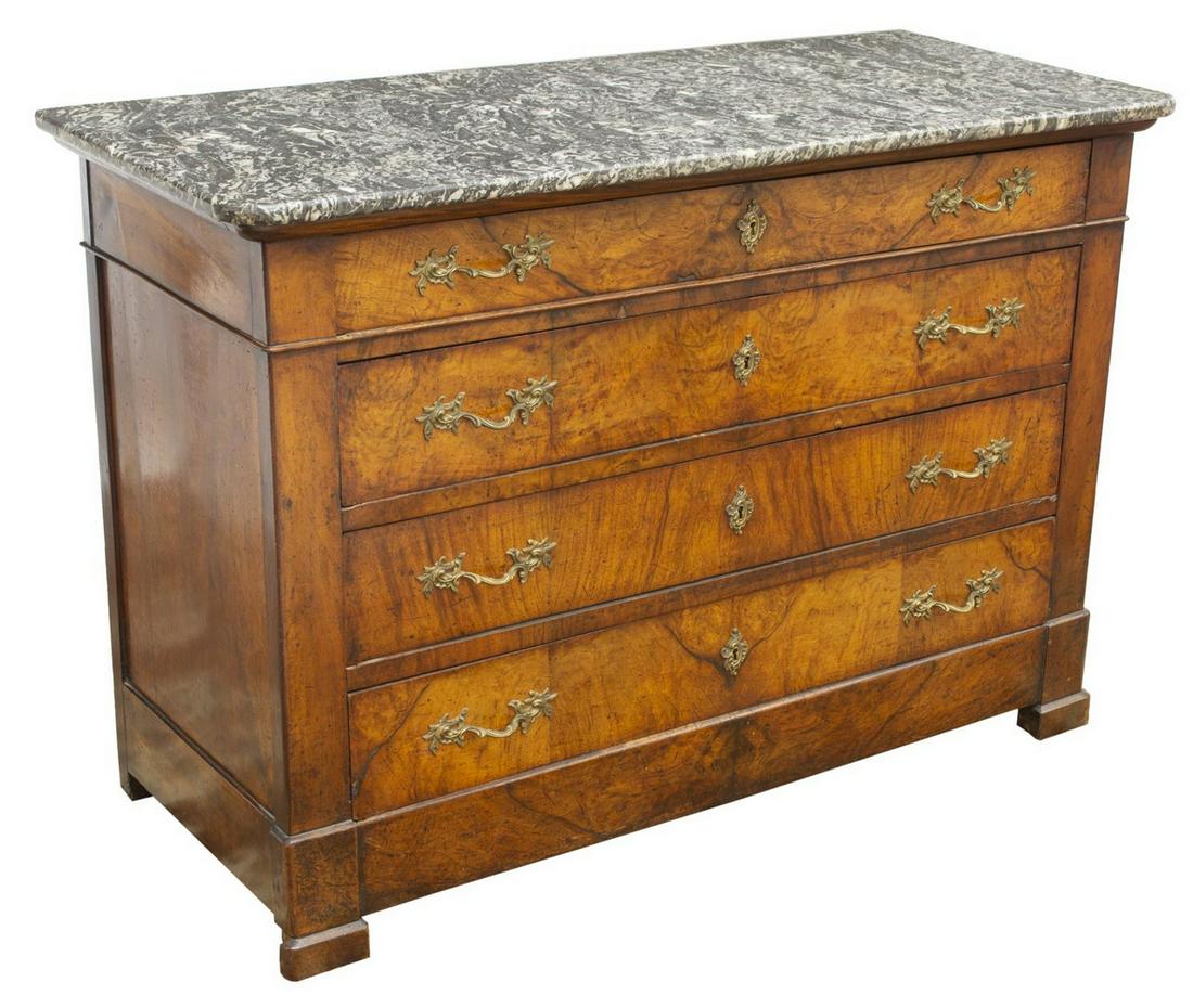 FRENCH LOUIS PHILIPPE MARBLE-TOP WALNUT COMMODE: French Louis Philippe period marble-top walnut commode, 19th c., four drawers, with gilt metal foliate pulls and escutcheons, on bracket feet, approx 34"h, 50"w, 21.75"d Start Price: $300.00