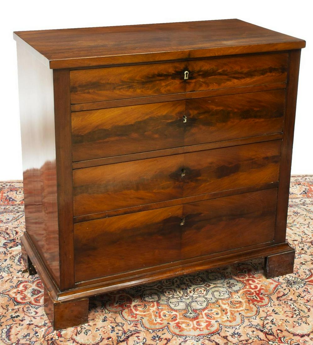 DANISH BIEDERMEIER MAHOGANY FOUR DRAWER CHEST: Danish Biedermeier mahogany chest, mid 19th c., fitted with four drawers, rising on bracket feet, approx 35"h, 36"w, 19"d Start Price: $300.00