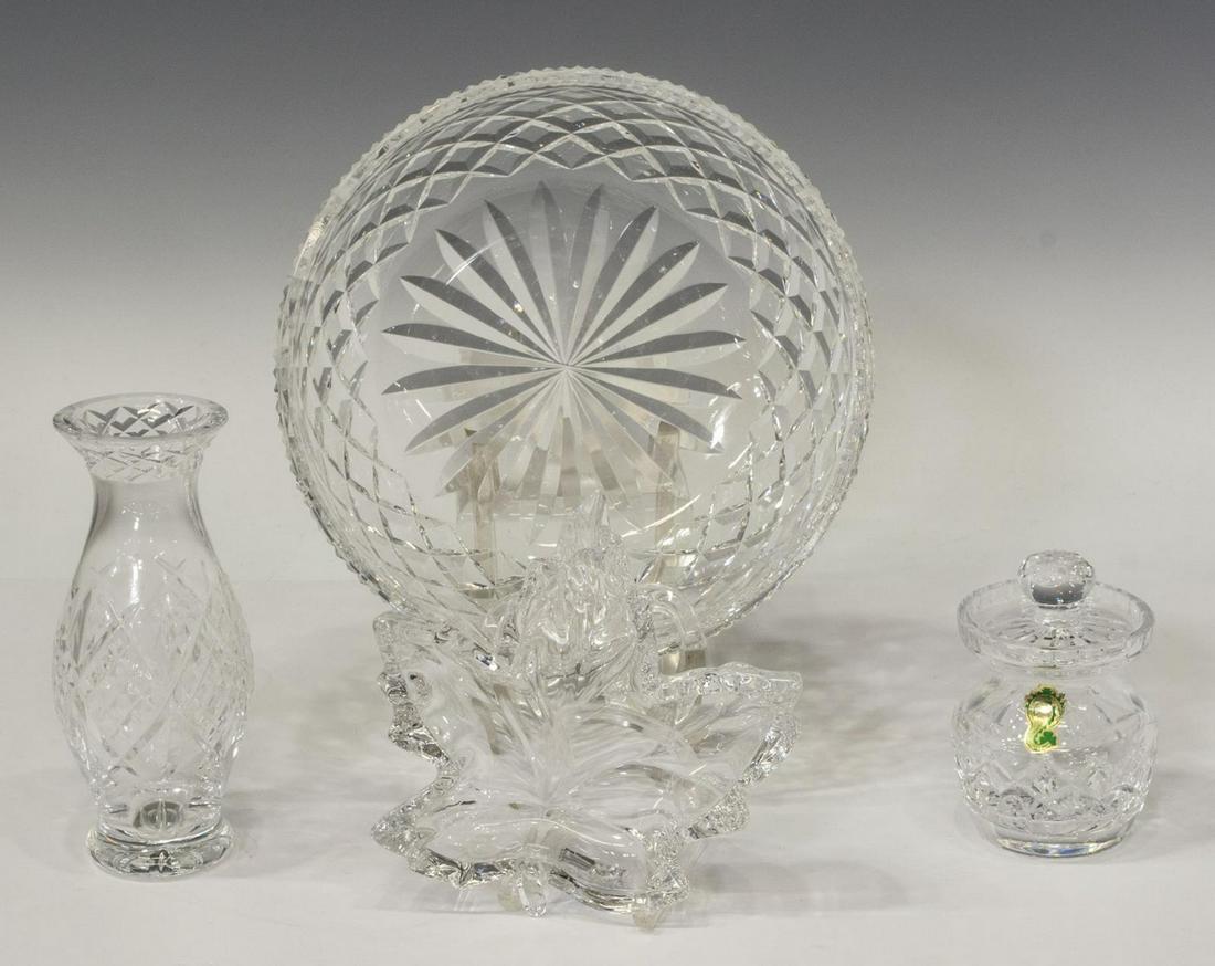 (4) WATERFORD CRYSTAL 8" BOWL, 6" VASE & HONEY JAR: (lot of 4) Waterford cut crystal tableware, including: (1) flower vase, approx 6"h, 2 5/8"diam, (1) honey jar and lid, in worn branded box, approx 4"h, 2 5/8"diam, (1) center bowl, mark not found, app