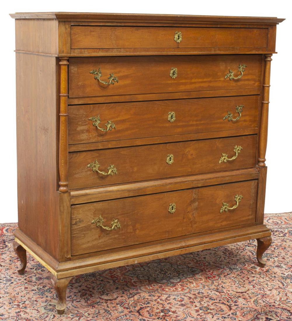 DANISH CHEST OF FOUR DRAWERS, 19TH C.: Danish chest of drawers, 19th c., molded cornice, over case fitted with projecting top drawer, four drawers below, with gilt metal escutcheons and drawer pulls, flanked by turned columns, rising on sh