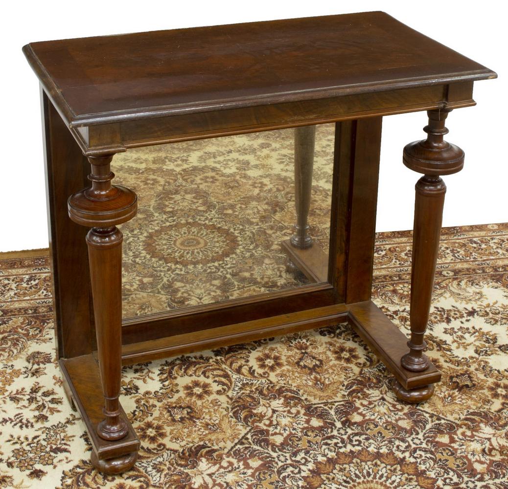 DANISH MAHOGANY MIRROR-BACK CONSOLE TABLE, 19TH C.: Danish mahogany console table, 19th c., rectangular top, flat mirror plate to back, turned supports ending in bun feet to front, approx 29"h, 30.5"w, 16.5"d Start Price: $150.00
