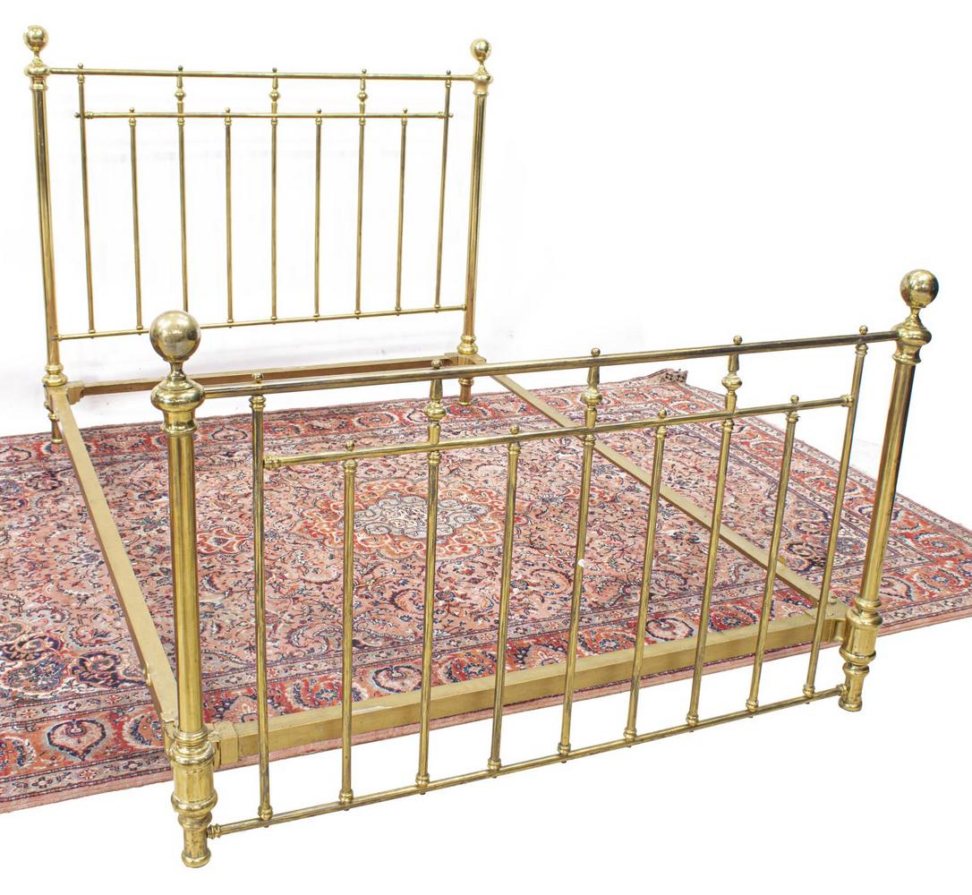 FRENCH GILT IRON BED, 19TH C.: French gilt iron bed, 19th c., spindled headboard and footboard, exterior: approx 48"h, 82"l, 55"w, interior: approx 79.5"l, 54.5"w Start Price: $80.00