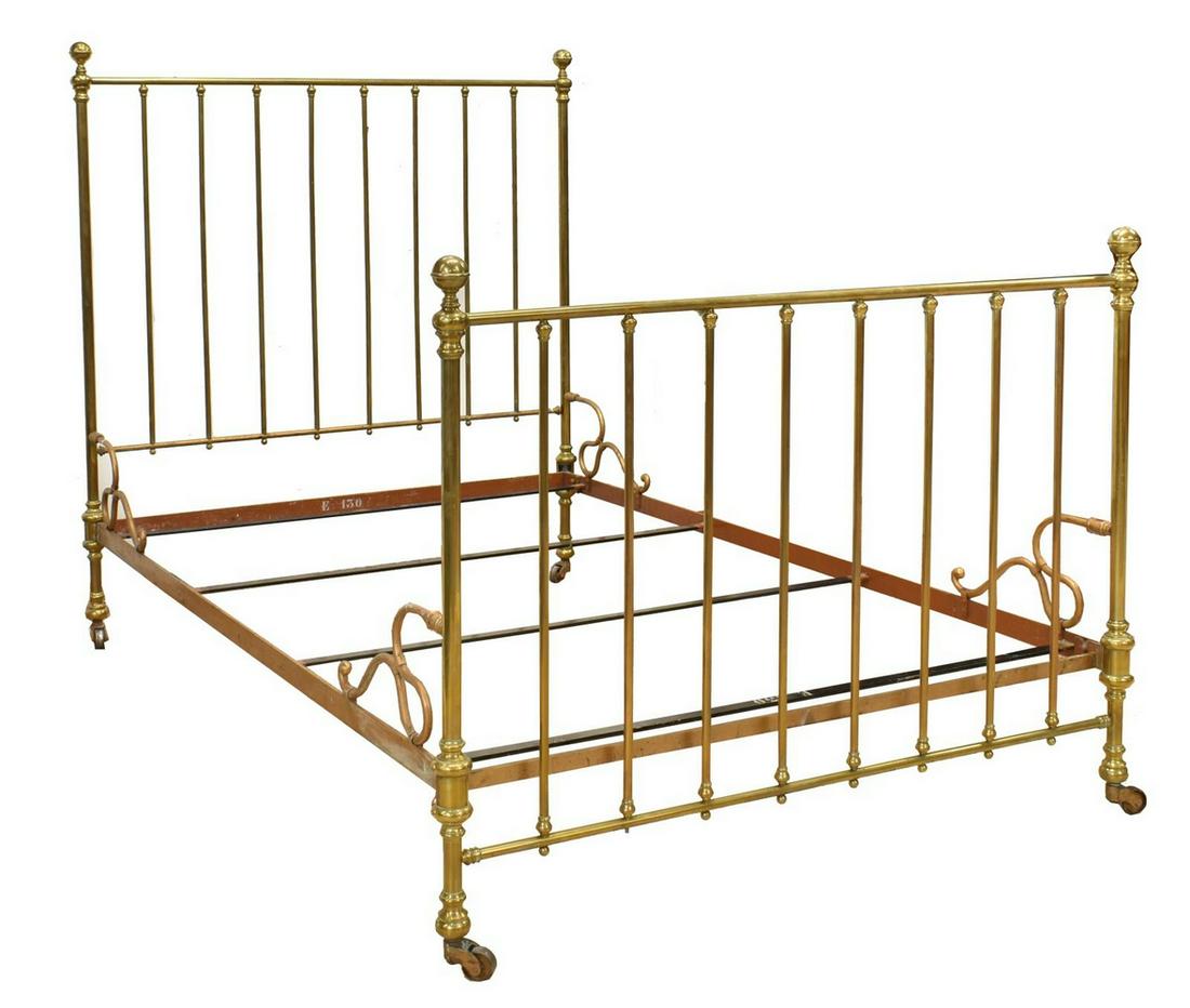 FRENCH GILT IRON BED, 19TH C.: French gilt iron bed, 19th c., spindled headboard and footboard, F.Brevete S.G.D.G patent emblem on interior slat, exterior: approx 55"h, 80"l, 51"w, interior: approx 75.5"l, 49"w Start Price: $80.00