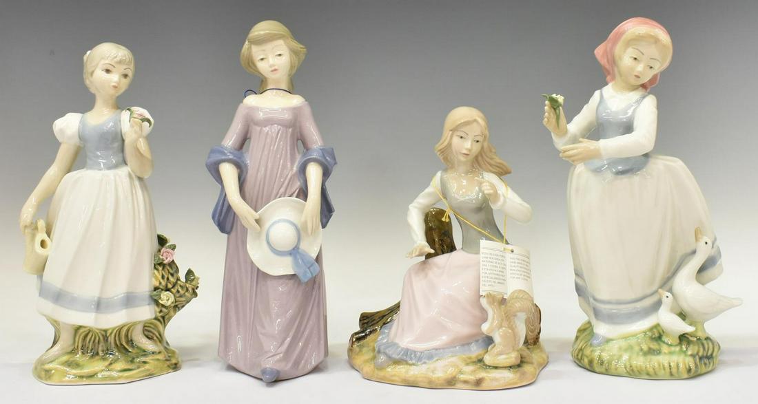 (4) SPANISH TENGRA PORCELAIN FEMALE FIGURES: (lot of 4) Spanish Tengra porcelain figures, each of female form, in varied positions with flowers, ducks, and squirrels, maker's mark underfoot, largest: approx 11"h, 6"w, 5"d; 7.75lbs total Start Pr