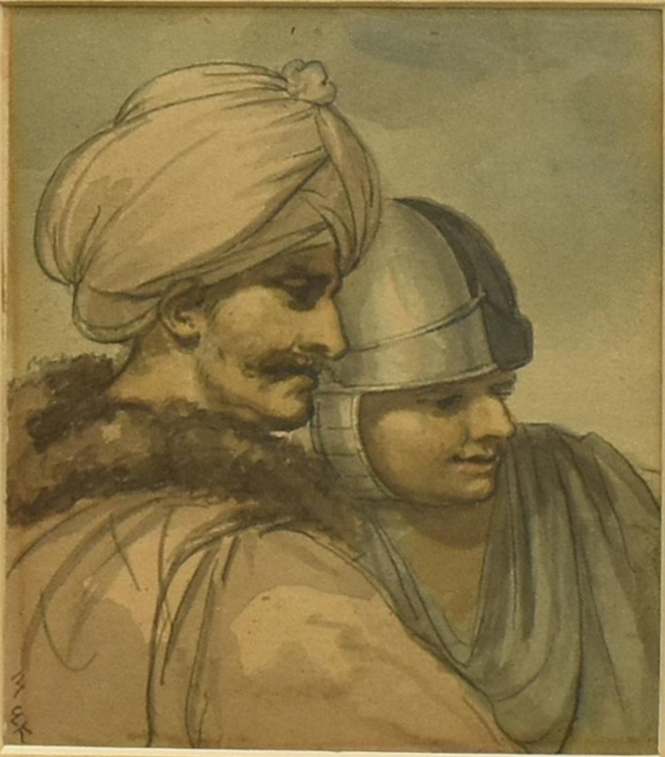 FRAMED INK & WATERCOLOR PAINTING ON PAPER: Framed ink and watercolor wash on paper, laid on paper, Two Figures, initialed lower left MAK, purportedly by Angelica (Maria Anna) Kauffmann (1741-1807), informational text verso, sight approx: 3.75"