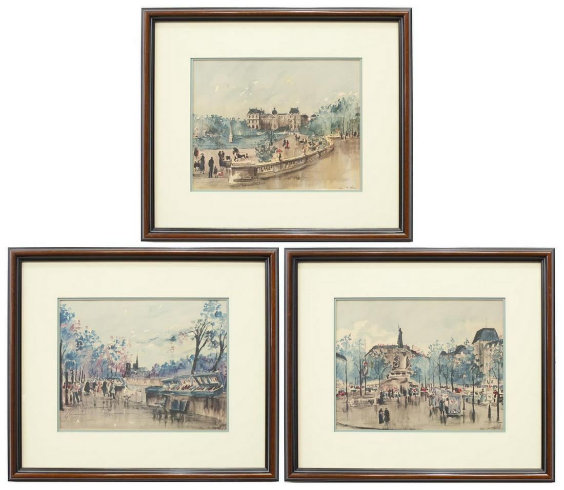 (3) PARIS STREET SCENE PRINTS AFTER GUY DE NEYRAC: (lot of 3) Framed prints on paper, Parisian Street Scenes, after Guy de Neyrac (French, 1900-1950), sight: approx 9.25"h, 11.75"w, overall: approx 16.5"h, 19"w; 11.5lbs total Start Price: $50.00