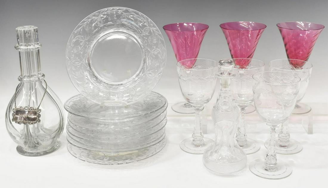 (17) CUT CRYSTAL, CRANBERRY DRINKWARE & PLATES: (lot of 17) Glass stemware, decanters, and plates, comprising: (4) cut crystal wine glasses, having foliate border, approx 7.5"h, 3.5"diam; (8) plates, having finely carved foliate border, approx 8.5"
