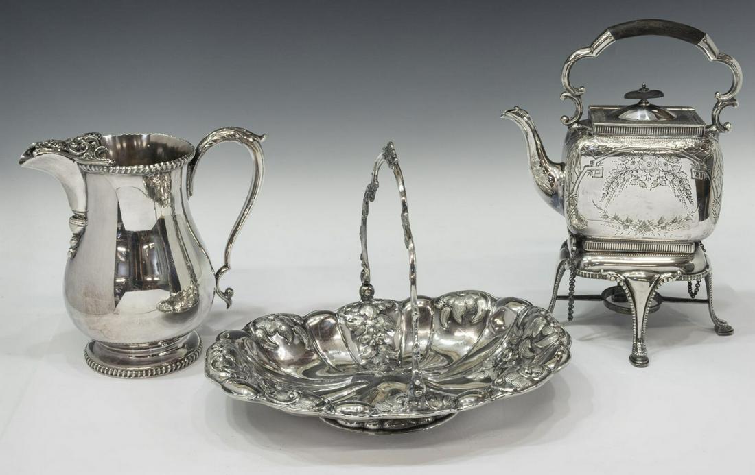 (3) SILVER PLATE KETTLE ON STAND, PITCHER & BASKET: (lot of 3) Silver plate tableware, including: (1) Cooper Brothers handled tilting kettle, with burner stand, engraved flowers, beaded trim, chain and pin secure closure, approx 13.5"h, 10"w, 7"d; (1) 