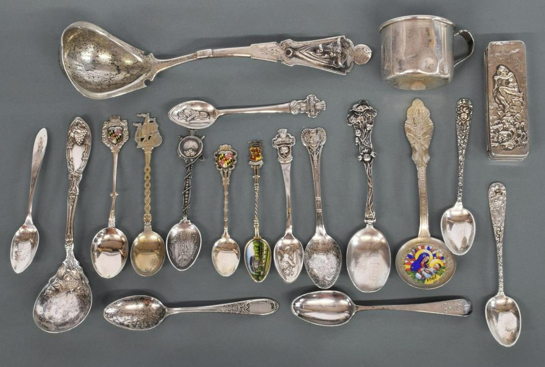 (19) STERLING & OTHER METAL INCLUD. UNGER BROS BOX: (lot of 19) Sterling silver and other metal tableware, many demitasse and souvenir spoons, (four) with enamel, highlights include: (1) Unger Brothers Art Nouveau box, with repousse water nymph above c