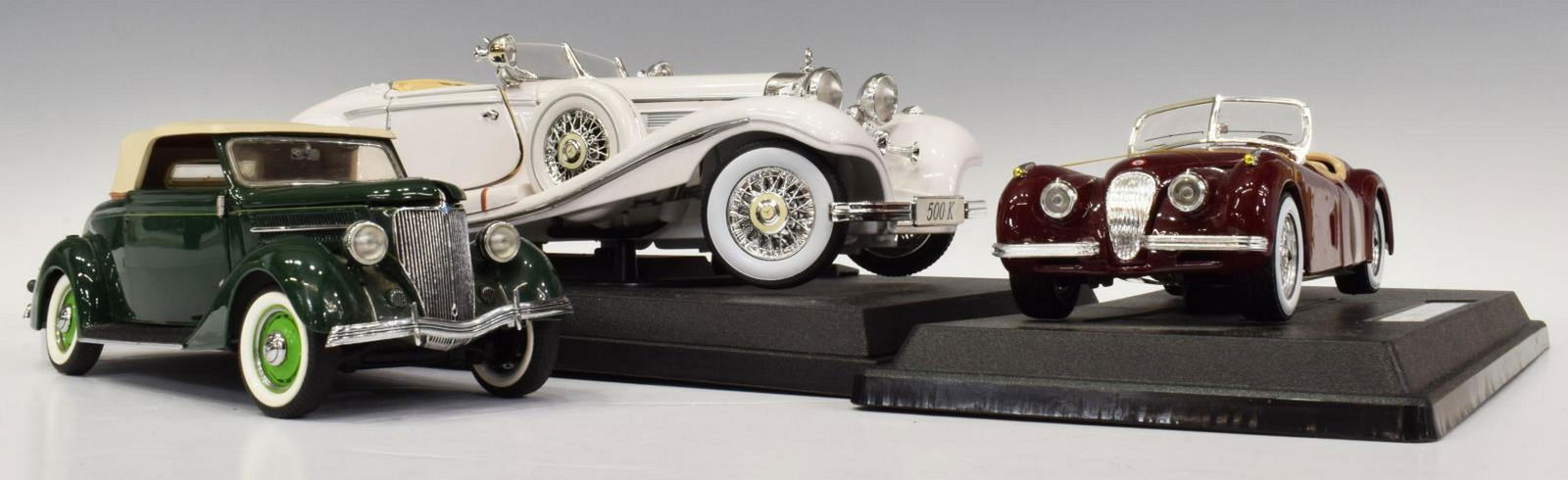 (3) MERCEDES, JAGUAR, FORD CABRIOLET MODEL CARS: (lot of 3) Model cars, including: (1) Maisto Mercedes-Benz 500 K Typ Specialroadster 1936 model, approx 3.5"h, 13.5"w, 7"d, (1) Burago Jaguar XK 120 Roadster model, approx 2.5"h, 9.25"w, 5"d, (1) Ford