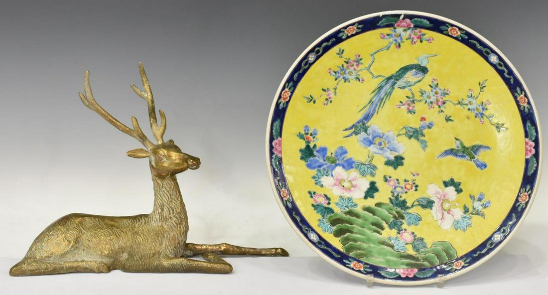 (2) THAI GILT METAL DEER & CHINESE PORCELAIN PLATE: (lot of 2) Asian decorative items, including: (1) Thai gilt metal reclining deer, (1) Chinese porcelain charger, with birds and floral branches against a yellow ground, painted and impressed marks, re