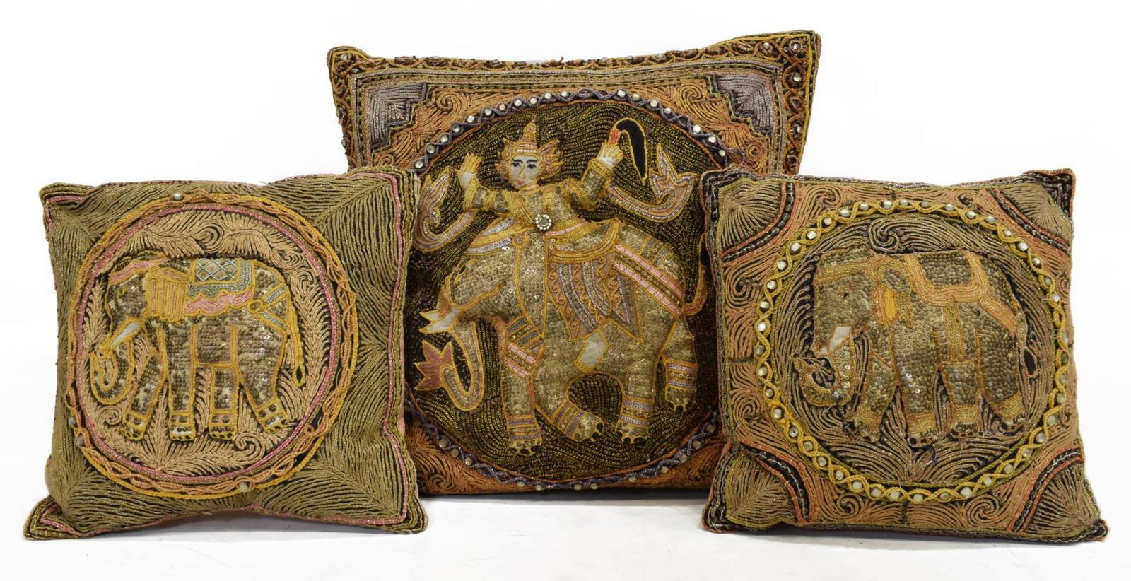 (3) BURMESE KALAGA EMBROIDERED THROW PILLOWS: (lot of 3) Decorative beaded and embroidered throw pillows, fashioned from Burmese Kalagas, with pink fabric to reverse, including: (2) with elephants, approx 12"h, 12"w; (1) with figure seated on ele
