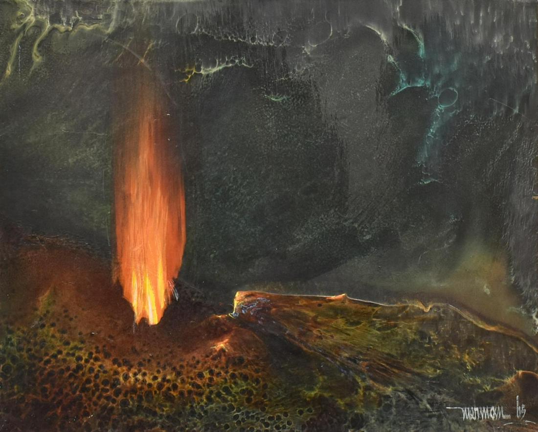 LEONARDO NIERMAN (B.1932) VOLCANIC OIL PAINTING: Framed oil on Masonite painting, "Volcanic Fall," signed lower right Nierman (Leonardo Nierman, Mexico, b.1932), dated 1965, faintly titled at back of frame, sight: approx 10"h, 12 5/8"w, overall: app