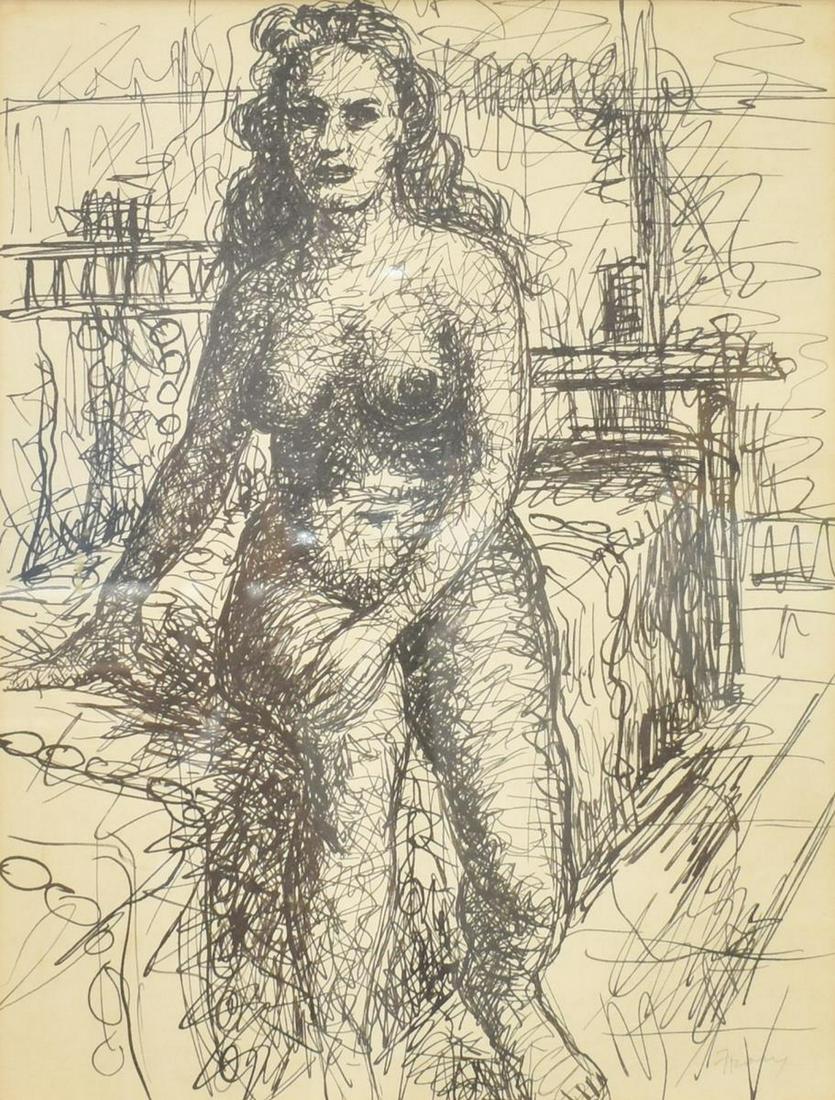 MICHAEL FRARY (TEXAS, 1918-2005) FEMALE NUDE STUDY: Framed ink drawing on paper under glass, Female Nude Study, pencil signed lower right Frary (Michael Frary, Texas, California,1918-2005), not examined out of frame, sight: 14"h, 10.75"w, overall: 22.5
