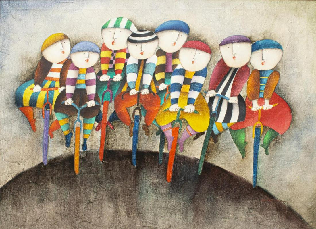 FRAMED JOYCE ROBAL (B.1955) BICYCLES OIL PAINTING: Framed oil painting on canvas, Bicycles, signed J. Roybal (Joyce Roybal, b.1955), sight: approx 29.5"h, 39.5"w, overall: approx 35.25"h, 45.25"w, 8.5lbs Start Price: $100.00