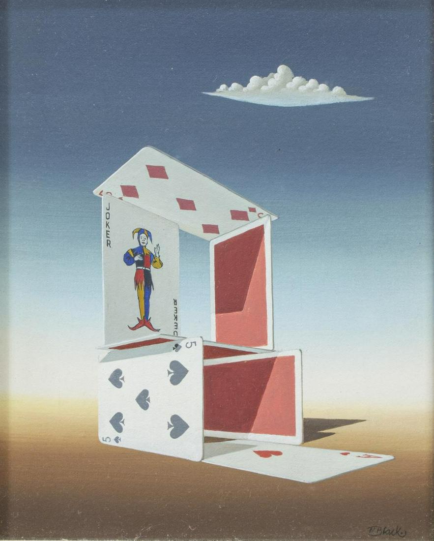 NORMAN C. BLACK (D.1999) SURREALIST PLAYING CARDS: Framed gouache painting on board, House of Cards, signed lower right N. Black (Norman C. Black, English, 1920-1999), sight: approx 9.5"h, 7.5"w, overall: approx 14.25"h, 12.25"w, 2lbs Start Price: $20