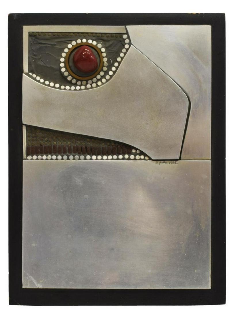 CHARLES PEBWORTH (1926-2019) WALL SCULPTURE: Mixed media (stainless steel, stone) sculpture on painted wood panel, "The Eye of the Gulf," signed lower right C. Pebworth (Charles Pebworth, Texas, Oklahoma, 1926-2019), titled verso, overall: appro