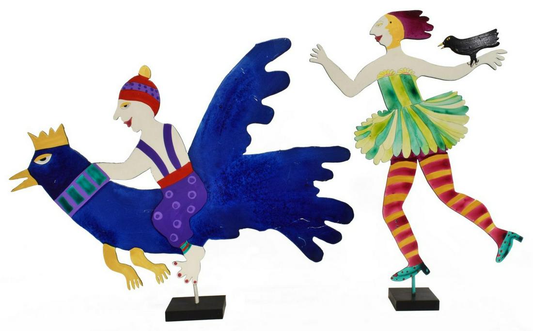 (2) JUDIE BOMBERGER WHIMSICAL PAINTED SCUPLTURES: (lot of 2) Painted metal sculptures, including: (1) "Crow Mama," signed Judie Bomberger (American, 20th c.), dated 1995, approx 20.25"h, 14.75"w, 3"d, (1) Figure on Bird, studio of Judie Bomberger, un