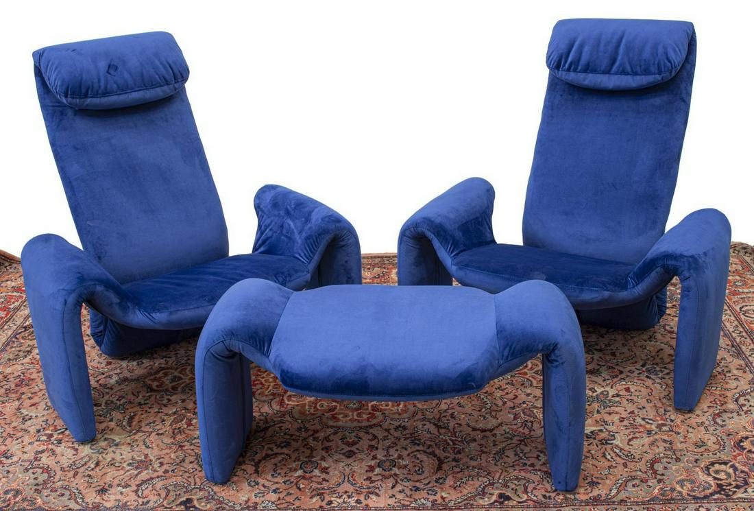 (3) MODERN BRAYTON INTERNATIONAL CHAIRS & OTTOMAN: (lot of 3) Modernist sculptural seating group, designed by Steve Leonard for Brayton International, c.1980s, in blue plush upholstery, including: (1) ottoman, (2) lounge chairs, approx 36"h, 34.5"w, 3