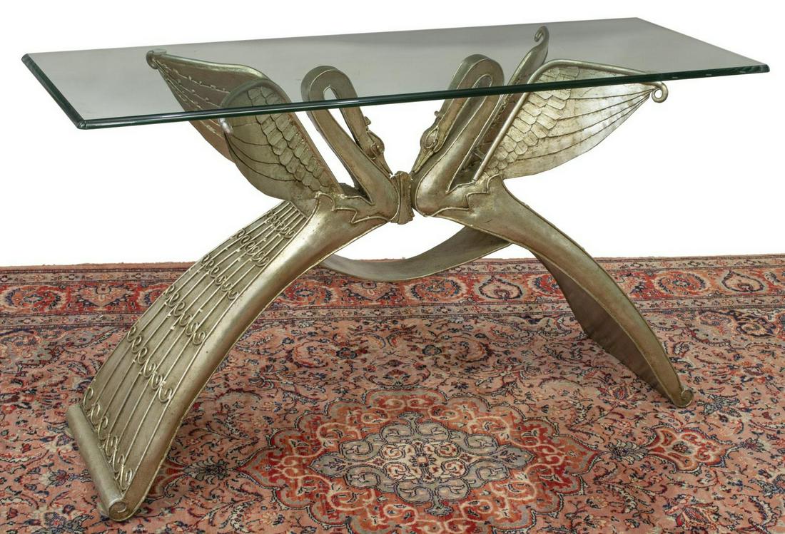 GLASS-TOP SILVER GILT METAL SWANS CONSOLE TABLE: Contemporary console table, 20th c., rectangular glass top with beveled edge, steel base in silver gilt finish, with opposing swans, approx 29.75"h, 53"w, 18"d Start Price: $150.00