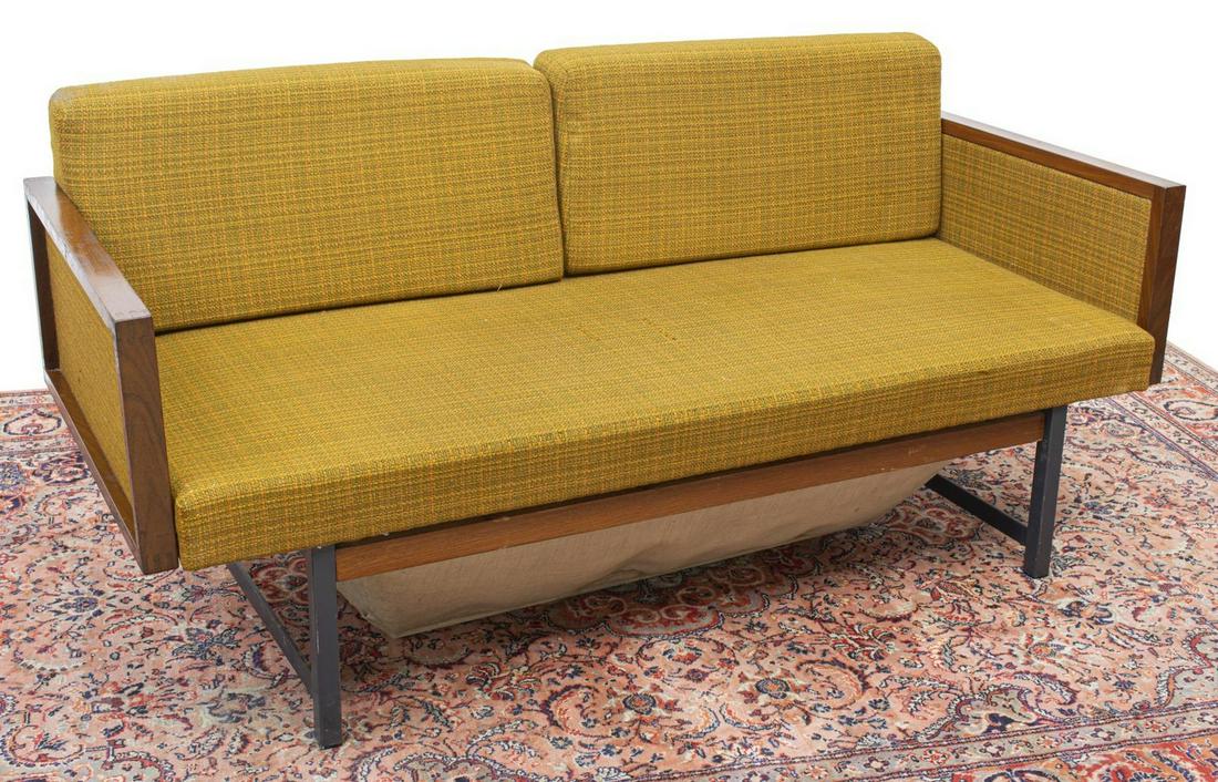 DANISH MID-CENTURY MODERN TEAK DAYBED SOFA: Danish mid-century modern teak daybed sofa, c.1960s, with plaid upholstery, teak frame, rising on black metal stretcher-joined supports, approx 30"h, 63"w, 28.25"d Start Price: $300.00