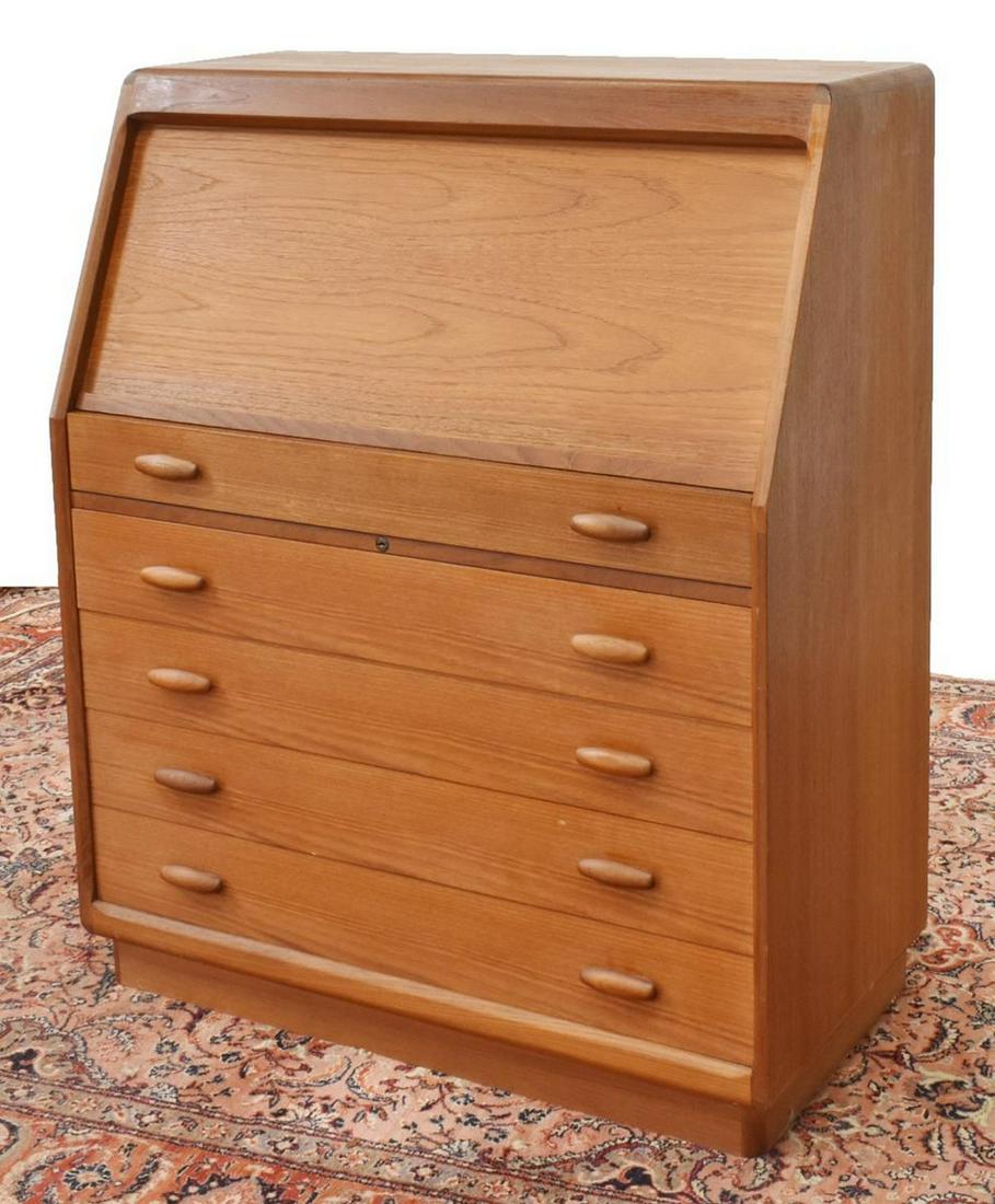 DANISH DYRLUND MID-CENTURY TEAK ROLLTOP SECRETARY: Danish mid-century modern teak secretary desk, manufactured by Dyrlund, c.1960s, rolltop tambour door, interior fitted with drawers and shelves, writing surface lifts up to reveal sectioned interior,
