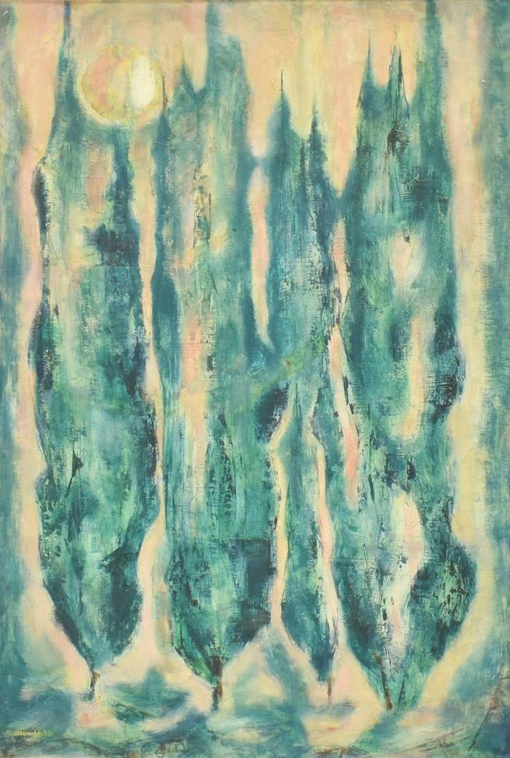 MORT BARANOFF (TEXAS, 1932-1978) CYPRESS WITH MOON: Framed oil painting on Masonite, "Cypress with Moon," signed lower left Baranoff (Mort Baranoff, Texas, California, Canada, 1932-1978), dated 1953, sight: 35.25"h, 23.25"w, overall: 44"h, 32"w, 11.25l