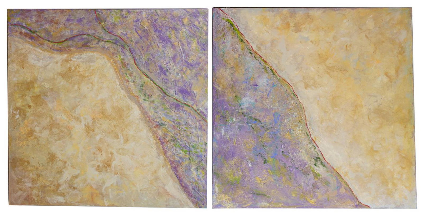 SUE BULLOCK (TEXAS, 20th/21st C.) ABSTRACT DIPTYCH: Unframed diptych abstract painting, "A River Runs Through It", signed, dated 12/19 at the verso Sue Bullock (Texas, 20th/21st c.), each: 48"h, 48"w, total approx. 18.25lbs Start Price: $150.00