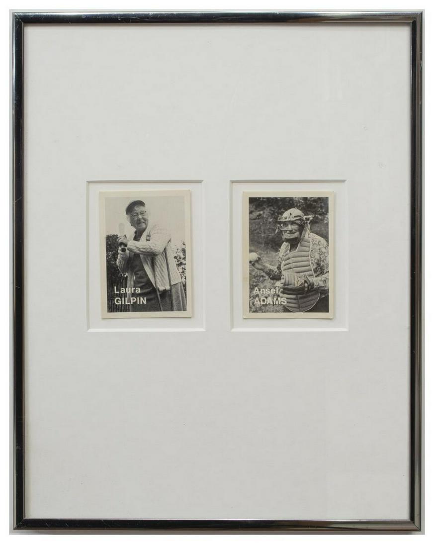 ANSEL ADAMS & LAURA GILPIN PHOTO BASEBALL CARDS: Framed baseball photographer trading cards, photographs by Mike Mandel (American, b.1950), including: (1) Ansel Adams (American, 1902-1984), (1) Laura Gilpin (American, 1891-1979), card: approx 3.5"h,
