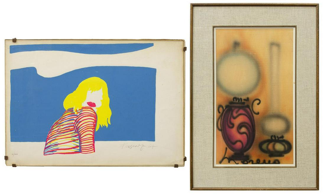 (2) POP ART SERIGRAPH & OIL LAMPS ART: (lot of 2) Framed art, including: (1) serigraph (silkscreen) on paper, Pop Art Woman, signed lower right Fra..... (?), dated 1967, numbered 35/ 200 lower left, approx 13.75"h, 19.5"w, (1) Oil Lamps, s