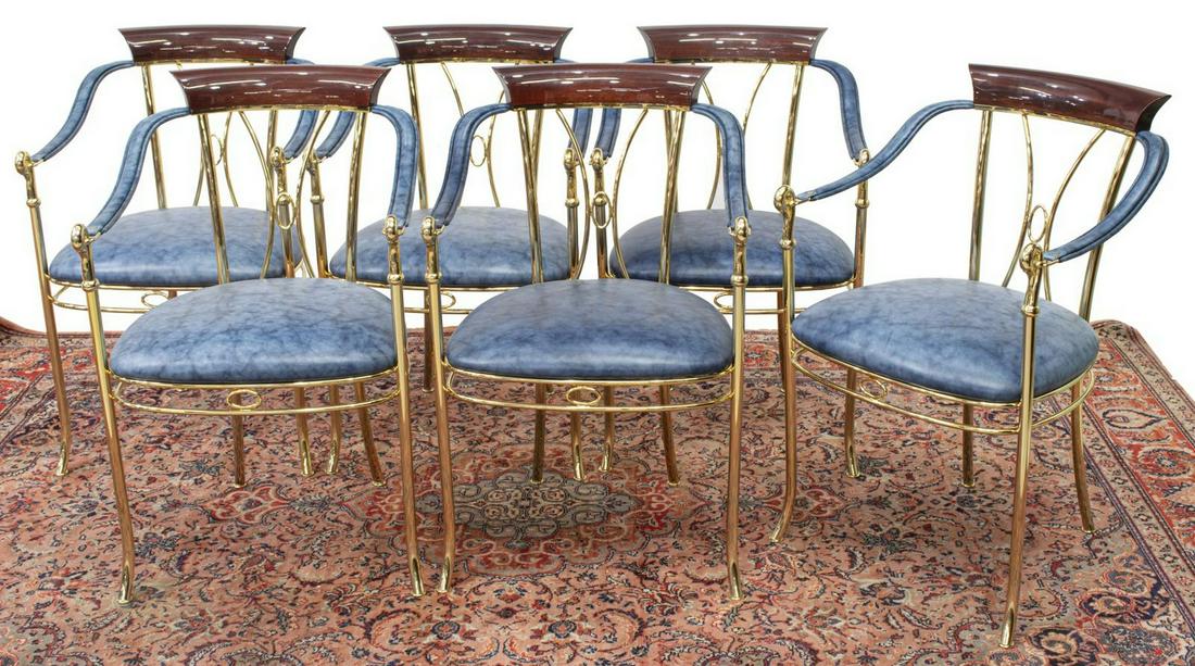 (6) VIDAL GRAU (ATTRIB.) MODERN BRASS SWAN CHAIRS: (lot of 6) Spanish modern armchairs, attributed to Vidal Grau, c.1990s, mahogany top rail, gilt metal frame, blue faux leather seat and armrests, with swan's head terminals, label under seat made in S