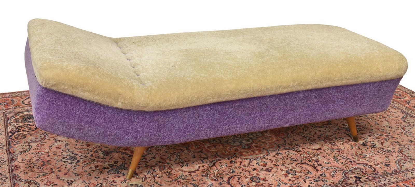 DANISH MID-CENTURY MODERN DAYBED/ CHAISE LOUNGE: Danish mid-century modern daybed/ chaise lounge, c.1950s-1960s, in tan and purple upholstery, raised and button-tufted to one end, rising on tapered wood legs terminating in metal caps, approx 22.5"h,