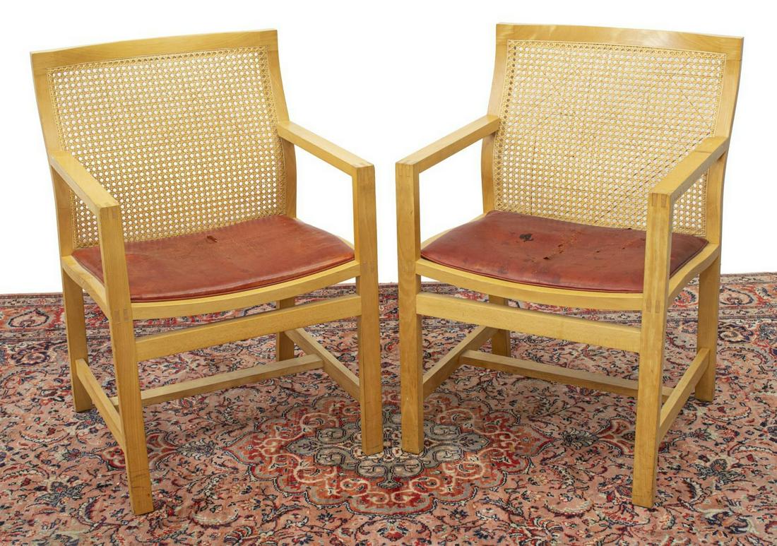 DESIGNER DANISH MODERN BEECH ARMCHAIRS: (pair) Danish modern beech armchairs, original design by Rud Thygesen (Danish, b.1932) and Johnny Sorensen (Danish, b.1944) for Botium, c.1980s, each having caned back, red leather upholstered seat, o