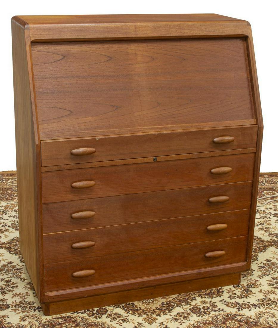 DANISH DYRLUND MID-CENTURY TEAK ROLLTOP SECRETARY: Danish mid-century modern teak secretary desk, manufactured by Dyrlund, model number 8763, c.1960s, rolltop tambour door, interior fitted with drawers and shelves, writing surface lifts up to reveal s