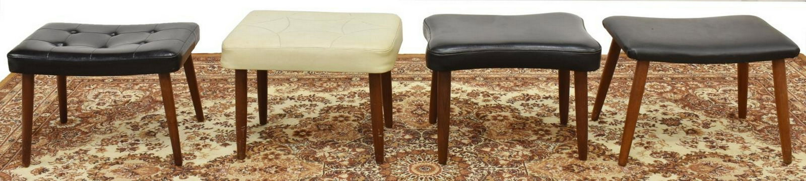 (4) DANISH MID-CENTURY MODERN TEAK FOOTSTOOLS: (lot of 4) Danish mid-century modern teak footstools, c.1950s-1960s, each having padded top, on tapered legs, including: (1) with button-tufted top, (1) white with stitched design, largest: approx 13.