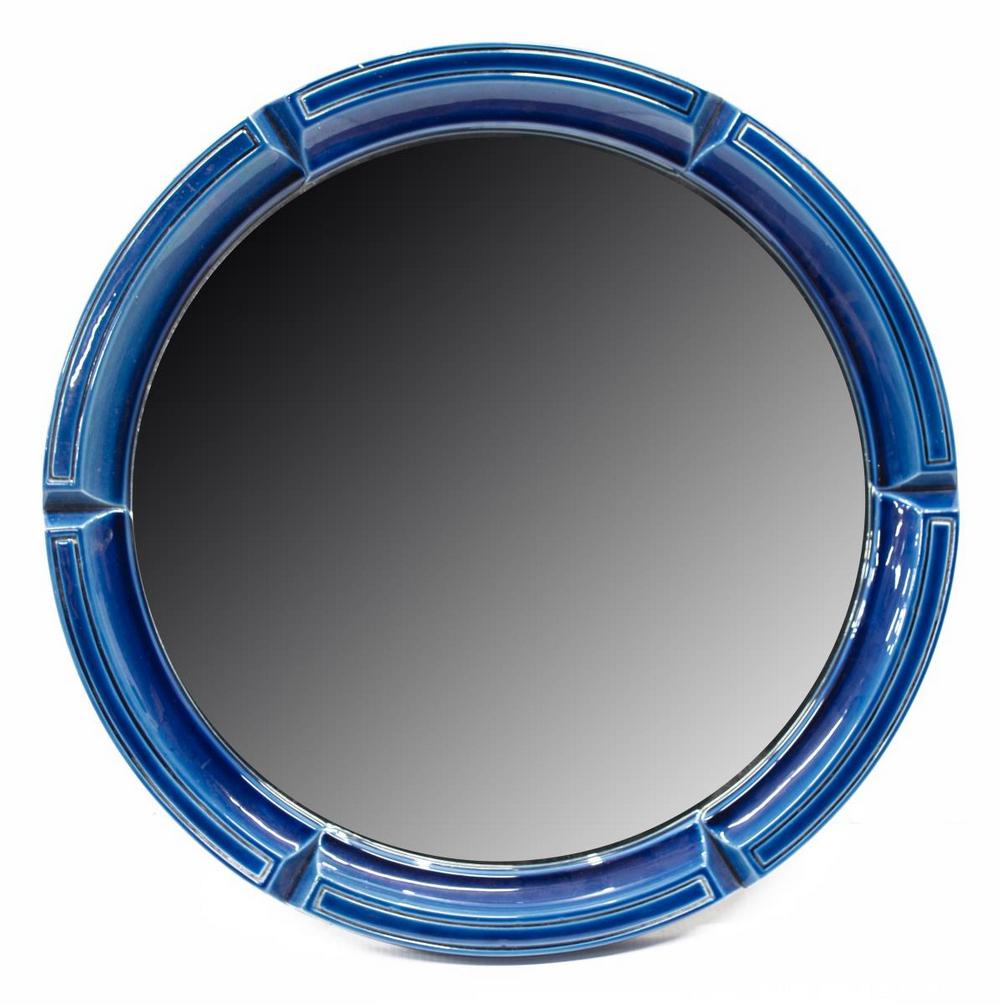 ITALIAN MID-CENTURY GLAZED CERAMIC FRAMED MIRROR: Italian mid-century modern wall mirror, c.1960s, circular blue glazed ceramic frame, encasing flat mirror plate, label on backside reading "INGO Molin Del Piano, Firenze - Italy," approx 25"diam, 13.5